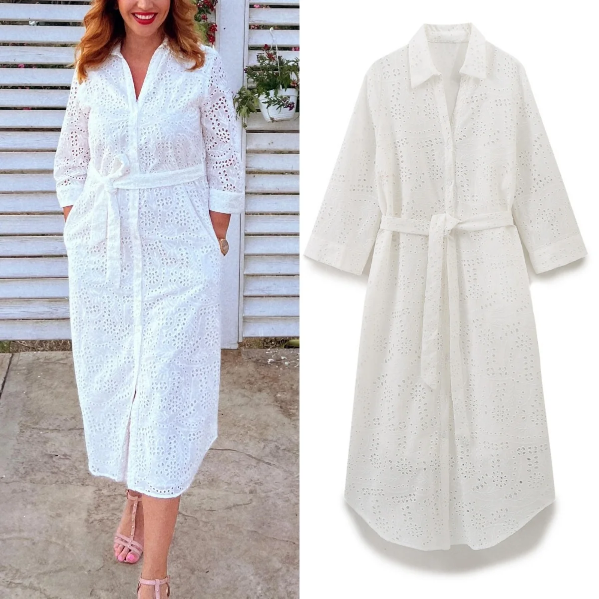 

TRAF women's white hollow embroidery shirt-style belted midi dress casual beach holiday party sexy long dress 2024 summer new