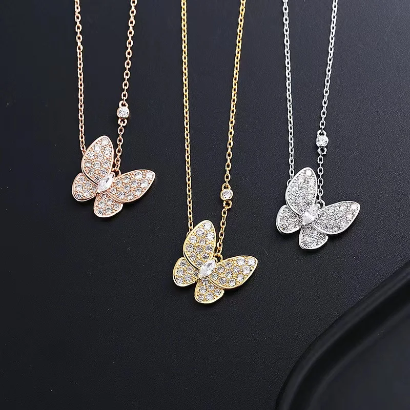 

S925 sterling silver women's shiny brick inlaid butterfly necklace, fashionable and luxurious collarbone chain, party jewelry, j