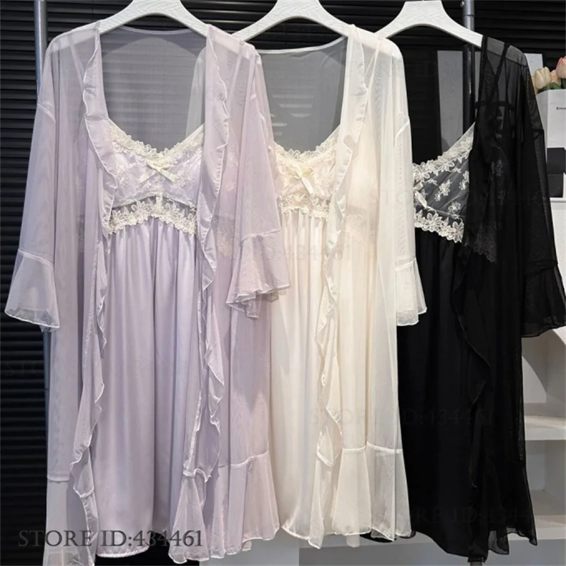 Elegant Mesh Female Twinset Robe Set Loungewear Sexy Hollow Out Lace Suspender Nightdress Intimate Lingerie Silky Satin Homewear
