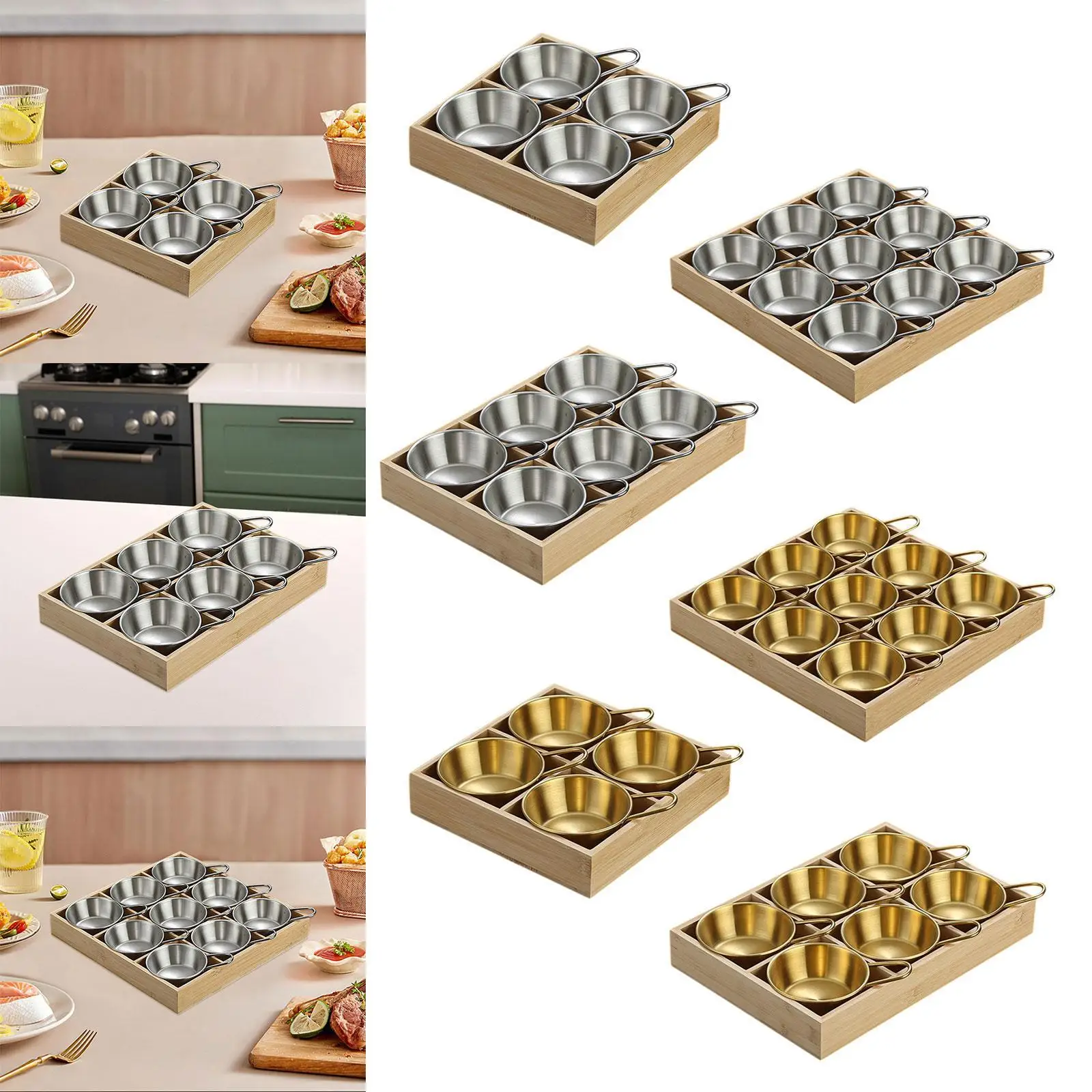 Sauce Dishes with Wood Tray Divided Condiment Container Chip and Dip Serving Set for Holiday Home Warming Wedding Outdoor Picnic