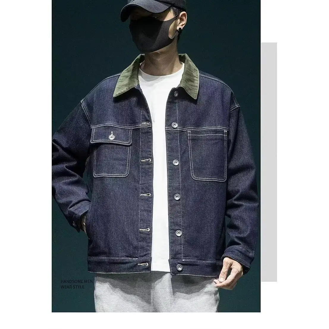 جاكيت دينيم أمريكي عتيق ثقيل الوزن للرجال، فضفاض بمقاسات كبيرة، بألوان متباينة، مناسب للربيع والخريف #1