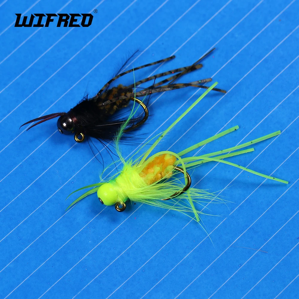 Wifreo 4pcs #4 Girdle Bug Jig Fly Brass Beadhead Rubber Legs Chenille Boday Large Nymph Fly Fishing Trout Lure Chartreuse Brown