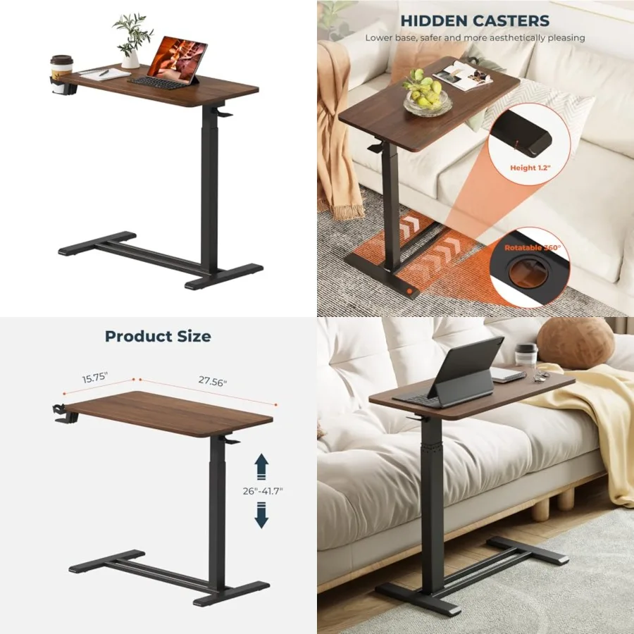 

Medical Overbed Adjustable Bedside Table with Hidden Casters, Pneumatic Mobile Rolling Laptop Standing Desk with Tray for Home