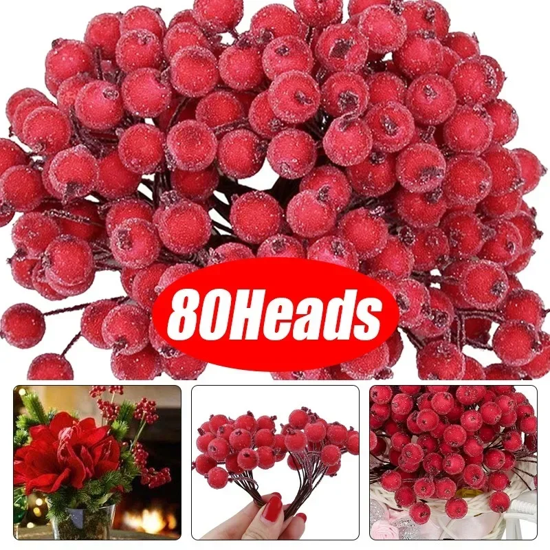 20/40pcs Artificial Frosted Berries Christmas Mini Cherry Stamen Simulation Double Head Berries DIY Wreath Decoration Supplies