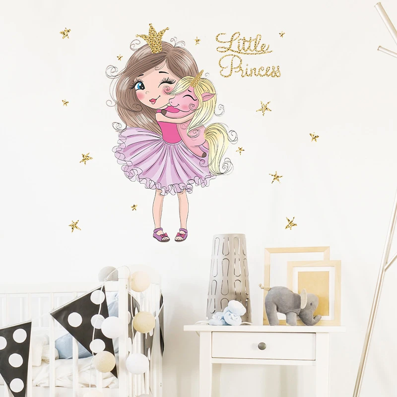 Princess and little unicorn girl cute dreamy bedroom living room wall stickers