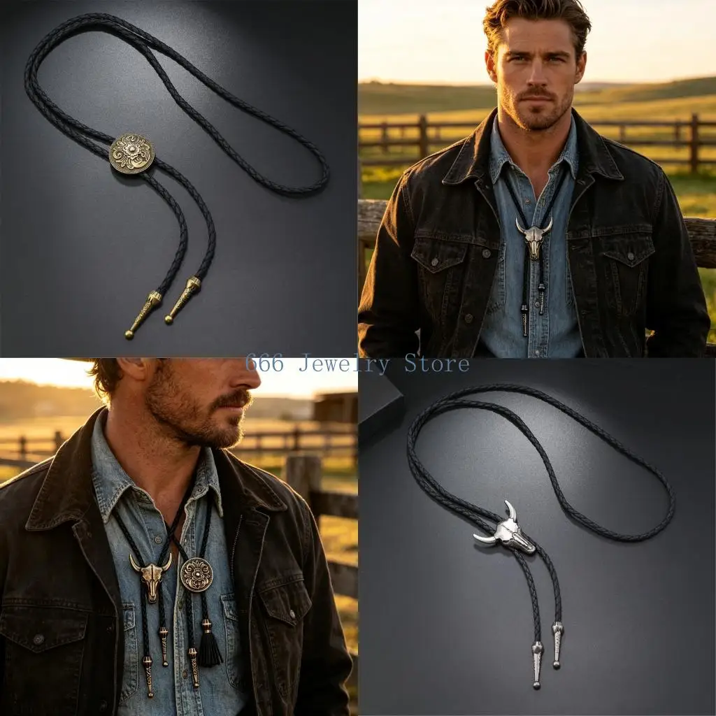 F2TD Statement Bolo Tie Jewelry Set for Adults, 2 Piece Western Neck Chain With Braided PU Cords for Daily Festival Wear