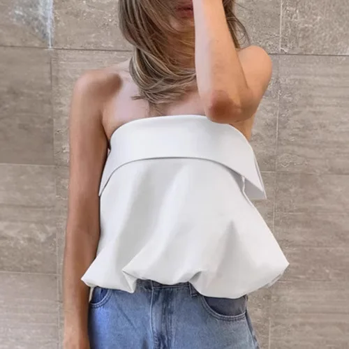 

2026 Summer White Satin Tube Top Women's Design Short Puffy Sleeveless Top Women's Clothing