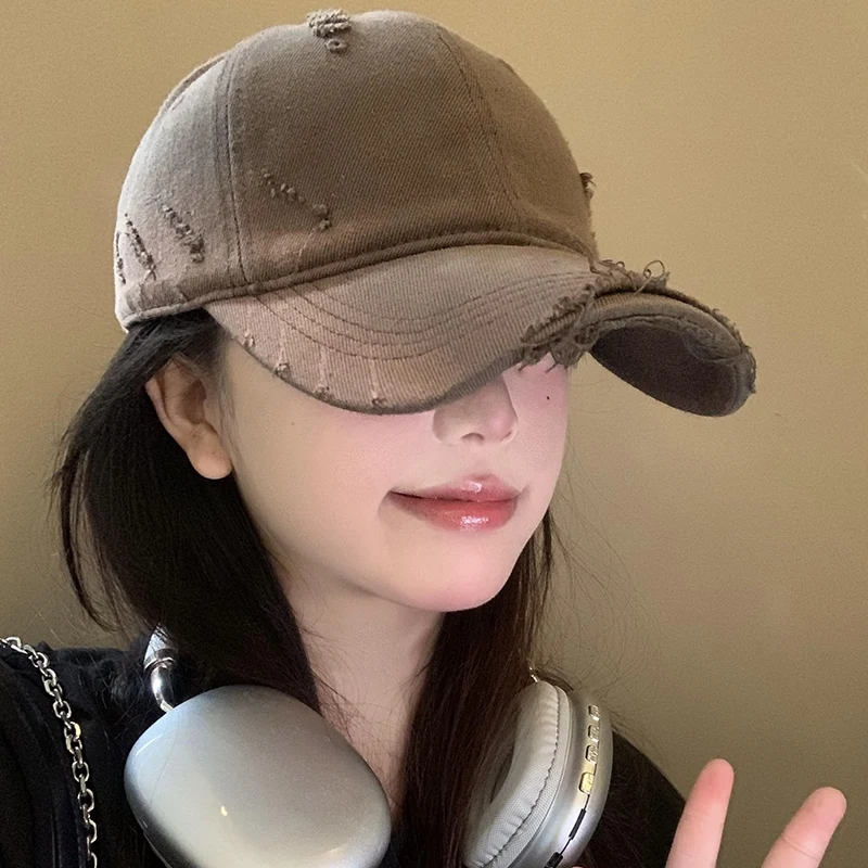 Retro Baseball Cap Women's Wide Brim Large Head Circumference Coffee Color Faded Hole Duckbill Cap Face Slimming Trendy Hat