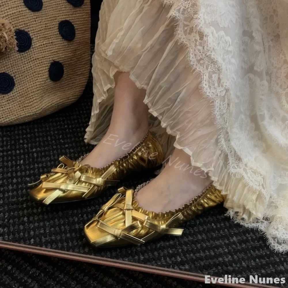 

Pleated Butterfly Knot Gold Flat Shoes Women Square Toe Shallow Slip On Comfortable Soft-soled Commuter Shoes New Luxury Pumps