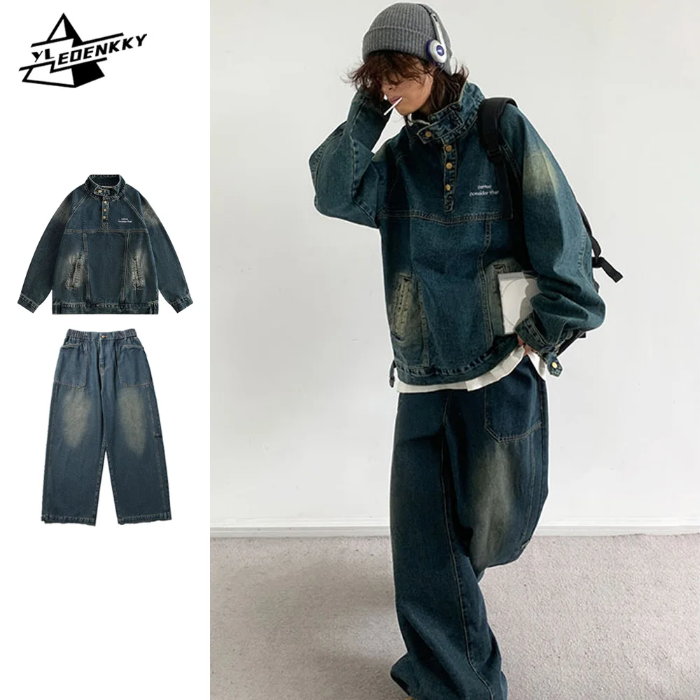 Harajuku Denim Set Men Women High Neck Loose Cowboy Jacket Hip-hop Cargo Pullover Coat Straight-leg Oversize Casual Jeans Unisex