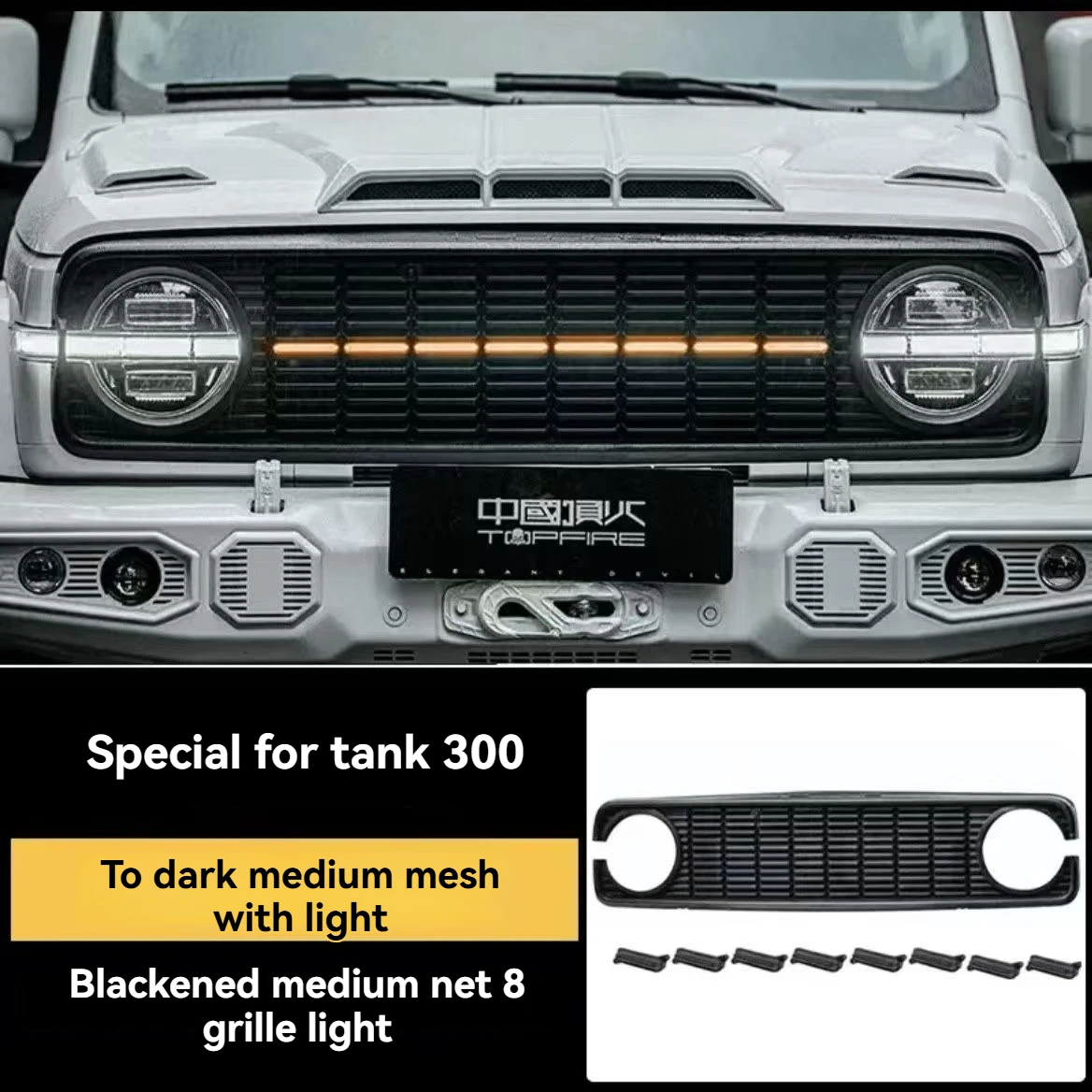 Upgraded ABS Front Middle Mesh Grille, Equipped with 8 Yellow LED Lights, Suitable for GWM tank 300 Accessories - Image 2