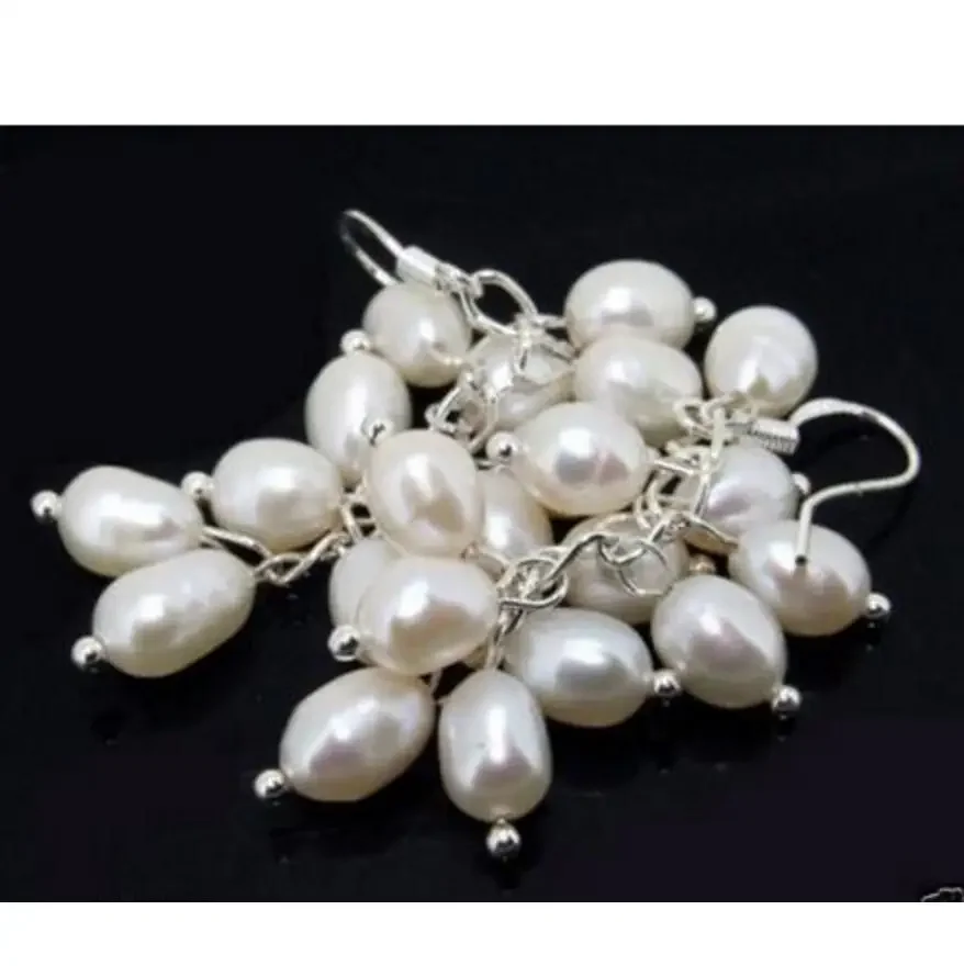

Fashion jewelry New Genuine White Rice Freshwater Cultured Pearl Earring Dangle 925 Silver -Bride jewelry