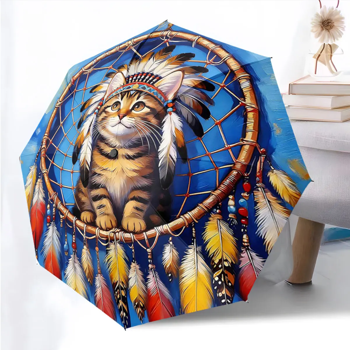 1PC Dreamcatcher Cat Umbrella Design Print 8 Iron Ribs Folding Umbrella Auto-Open Fashion Sunshade