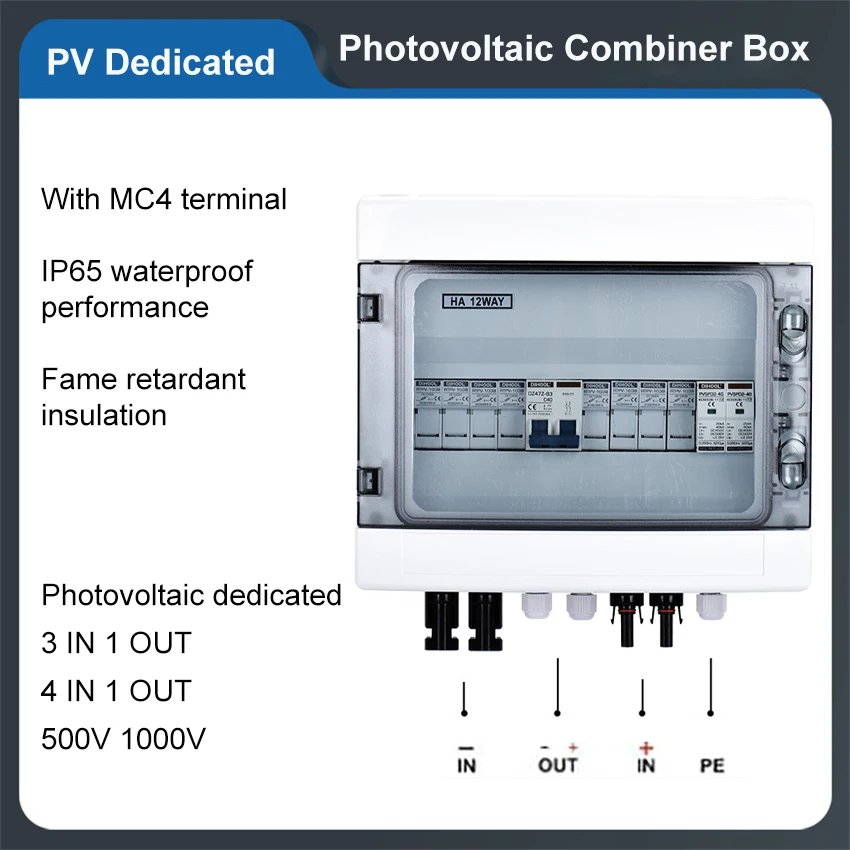 

Solar Photovoltaic PV Combiner Box 3 string 4 string in 1 Out Waterproof Plastic Distribution Box lightning Water Protection