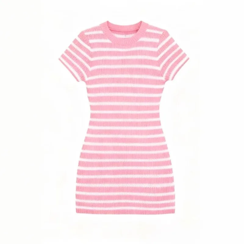 Französisches Schickes Sommer-Streifenkleid für Strand und Party, Damen-Minikleid mit Rundhalsausschnitt, Kurzen Ärmeln, Schmaler Passform, Geripptes Casual-Bürokleid – Detail 9