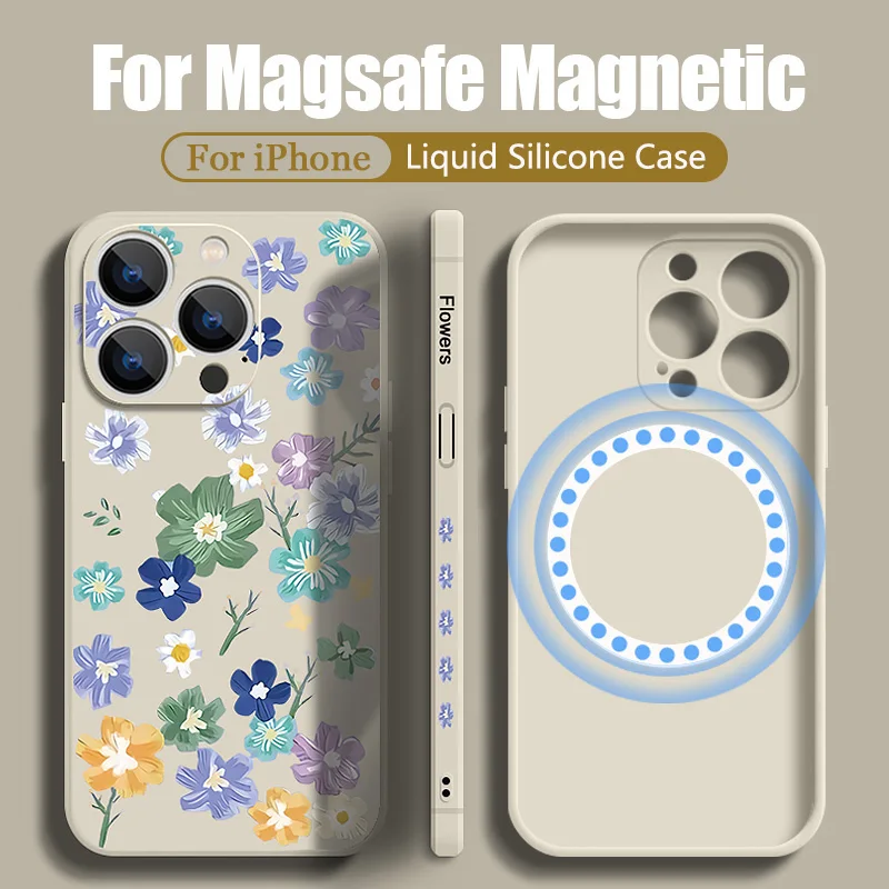 Funda magnética con estampado de flores para iPhone 16, 15, 14, 13, 12 Pro Max 11, funda suave de TPU de silicona líquida con carga inalámbrica Magsafe