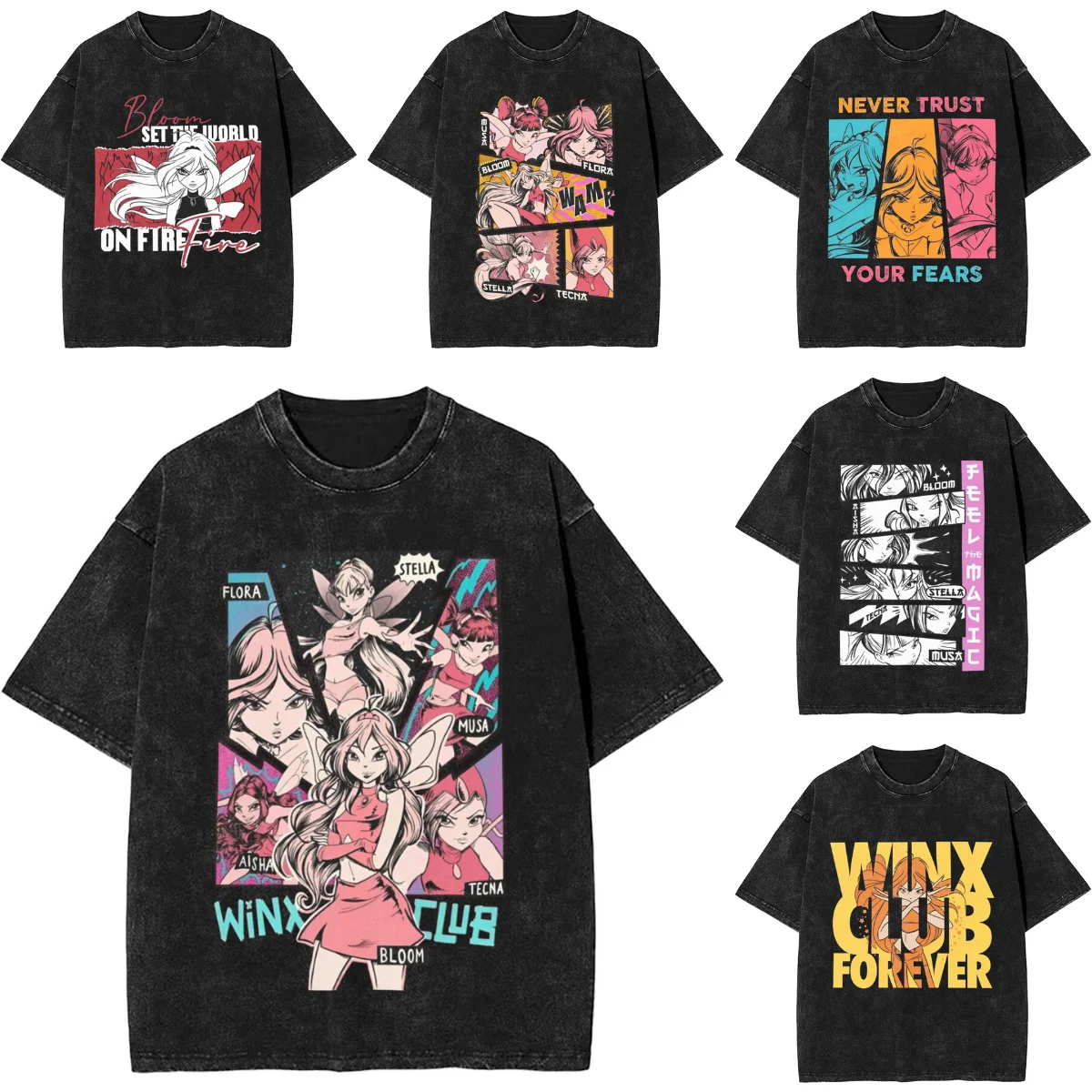 W-Winx Clubs T-Shirt Cartoon Hip Hop T Shirts Short-Sleeve Y2K Basic Tshirt Beach Casual O-Neck Oversized Tees