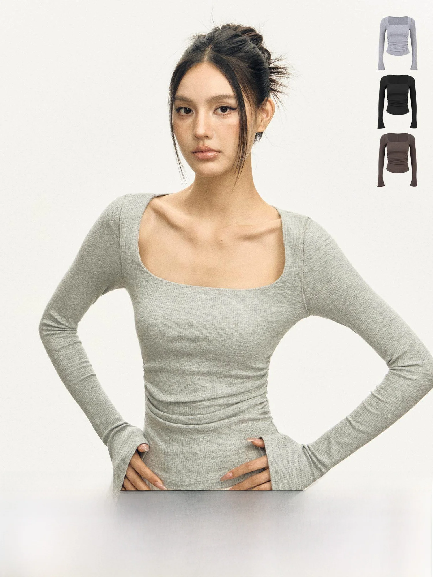 

Ariseism American Retro Tee-Color Long Sve T-irt Women's Slim Fit Street Sle Top for Autumn Season Pure Color Design