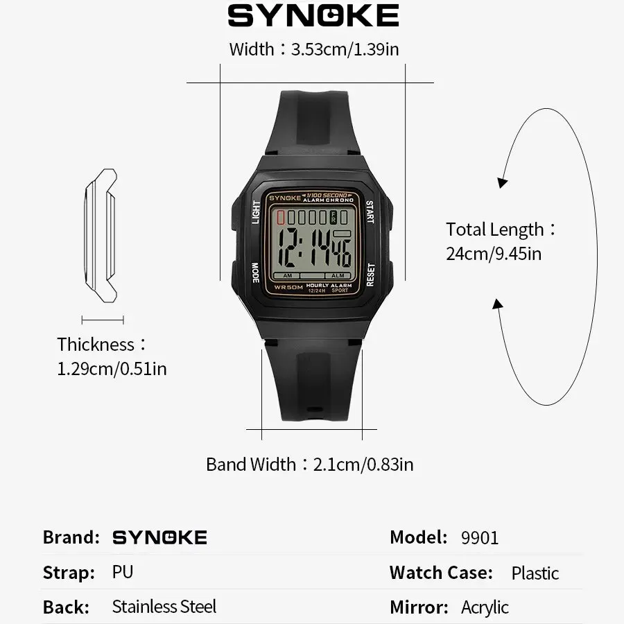 SYNOKE Men Rectangular Sports Electronic Watch Waterproof Night Light Large Screen Alarm Clock Trend Retro Style Classics