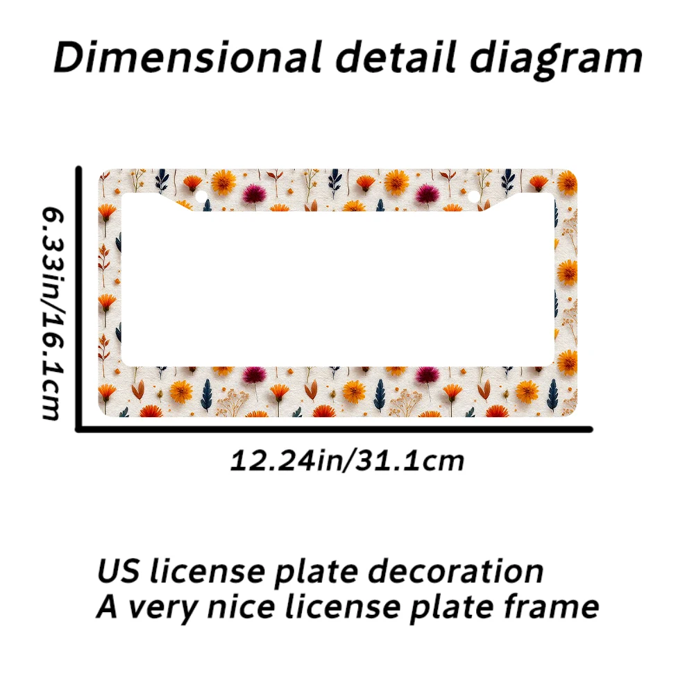 1 قطعة إطار لوحة ترخيص بنمط زهور عتيقة بفتحتين، تصميم زهرة متعدد الألوان، مادة ألومنيوم، 6 × 12 بوصة، يتضمن برغي
