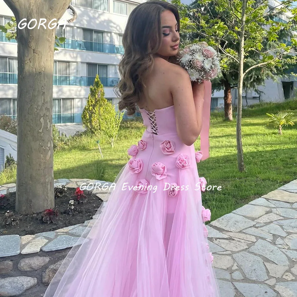 GORGA Simple Pink Strapless Tulle A-LINE Prom dress 2024 Slim 3D Flowers Floor-Length Formal Evening Dress