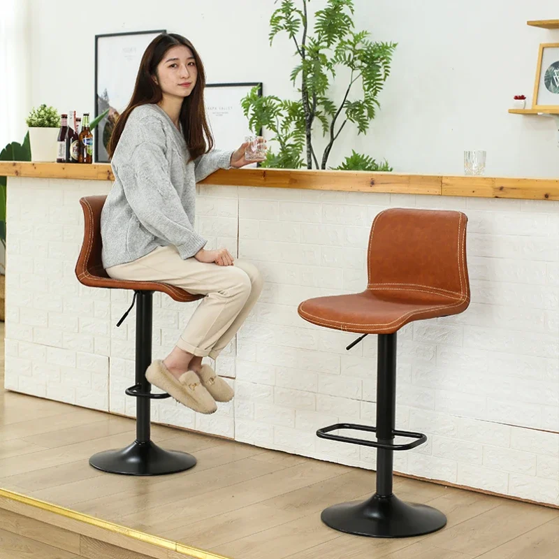 High Quality Comfortable Bar Stool Leather Simple Back Adjustable Design Nordic Chair White Swivel Taburete Alto Furniture