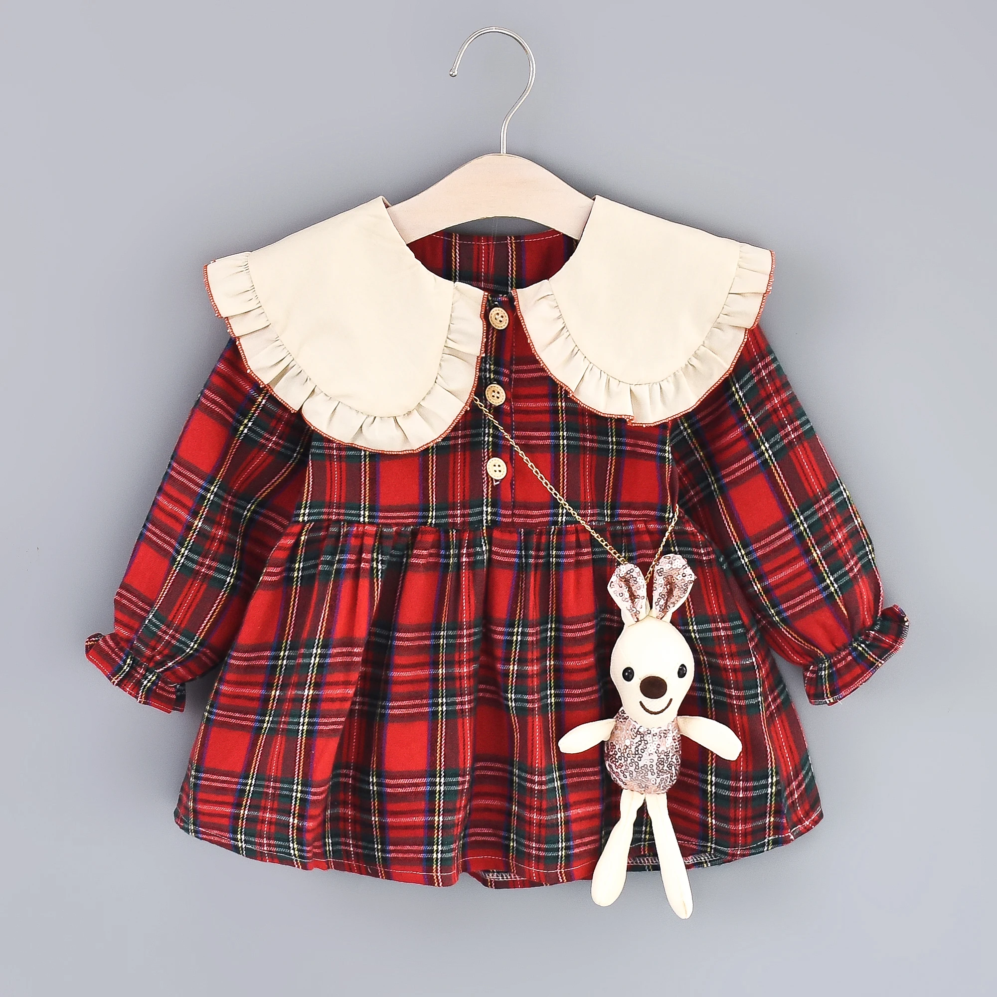 Girls' Autumn New Long Sleeve Dress Children's Large Polo Neck Pleated Edge Plaid Princess Dress+Little Rabbit Jewelry Bag