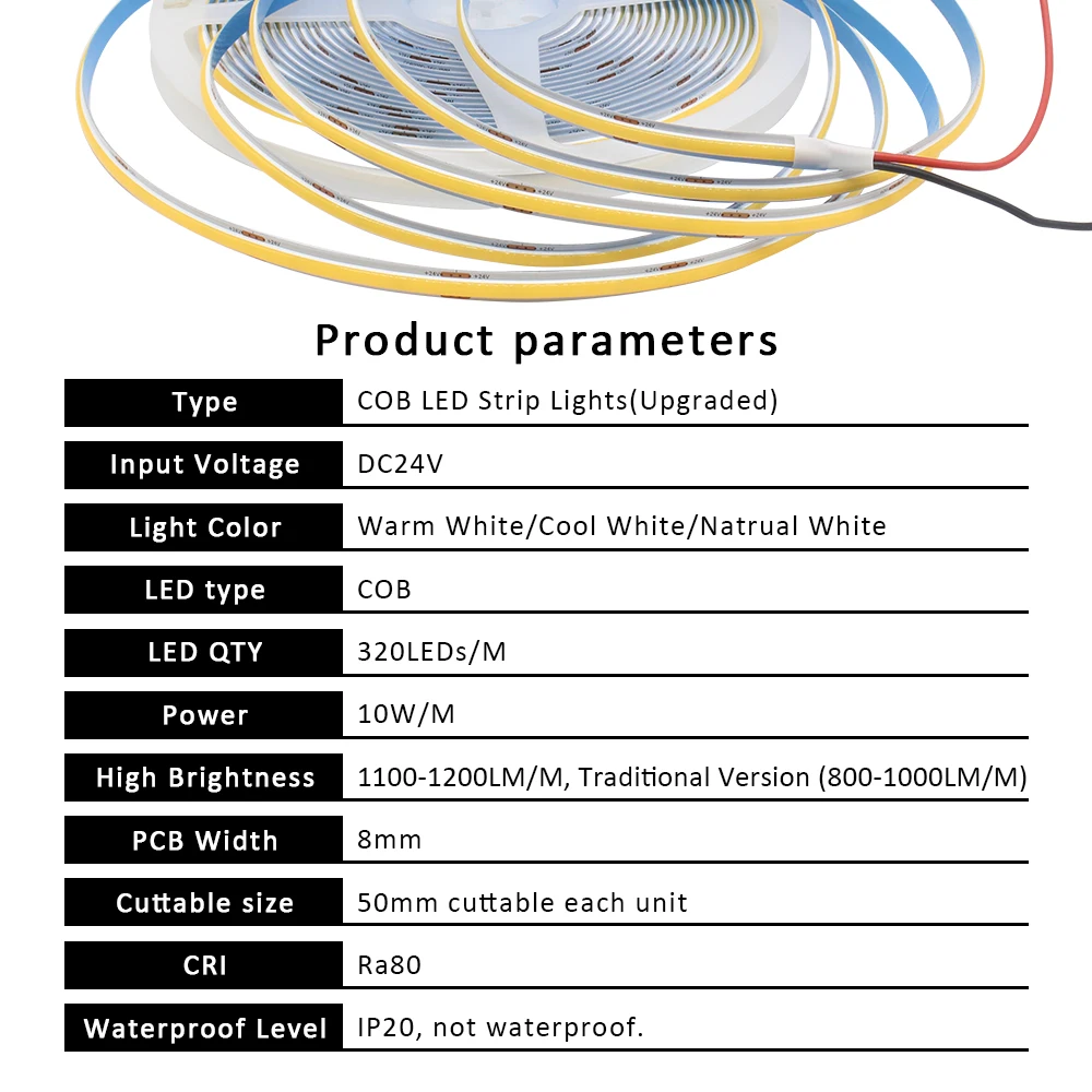 Taśma LED 10M COB 24V 320LEDs/m Wysoka wydajność światła Kilka spadek napięcia Elastyczna taśma LED Taśma wstążkowa Światło do wystroju pokoju