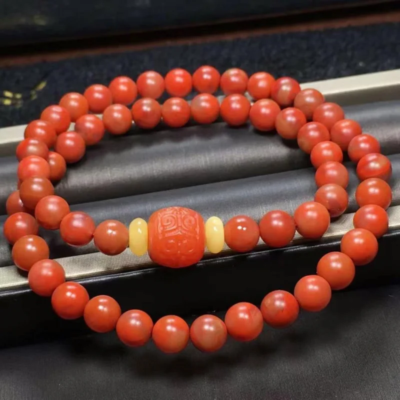 Factory Direct Sales Natural Sichuan Material Red Agate Double Ring Bracelet with Beeswax Old-Styled Bead