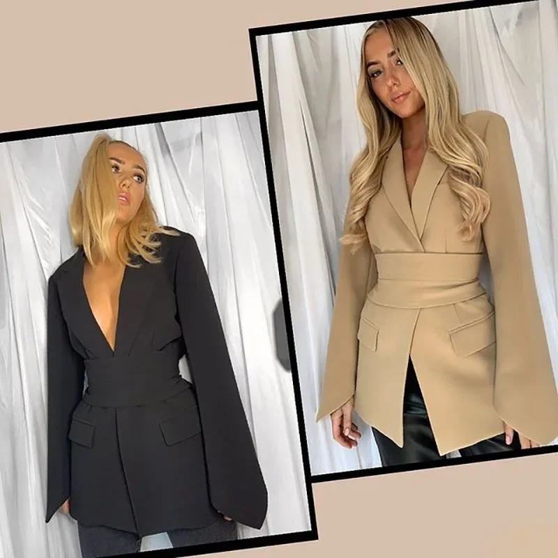 Fashion Blazer Women\'s Spring 2024 New Tie Waist Slim Fit Business Blazer and Jacket Retro Cardigan Khaki Black Ladies Tops