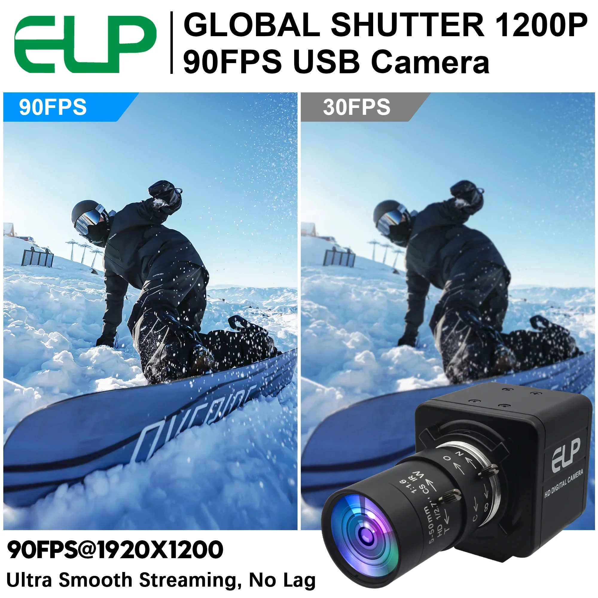 ELP 1200P 90fps Global Shutter USB Camera 10X Manual Focus PC Webcam High Speed Industrial Camera for Document Scanning