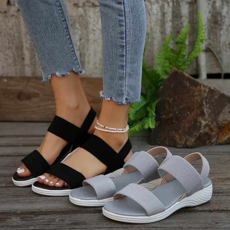 Women\'s Shoes 2024 Elastic Strap Women\'s Sandals Summer Breathable Mesh Solid Color Flat Bottom Casual Beach Large Size Sandals