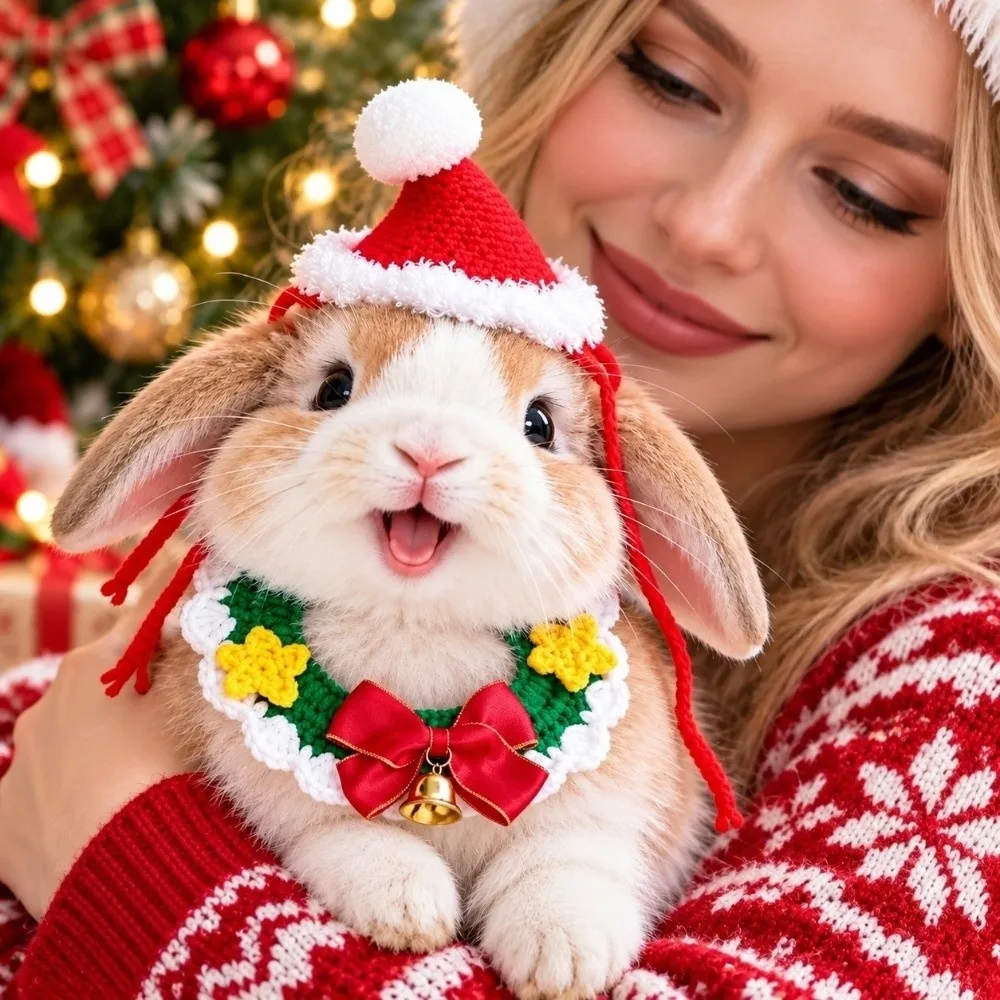 Yarn Christmas Pet Neckwear Red Bowknot Jingle Bell Dog Knitted Collar Vibrant Color Handmade Style Cat Santa Hat Kitten Styling