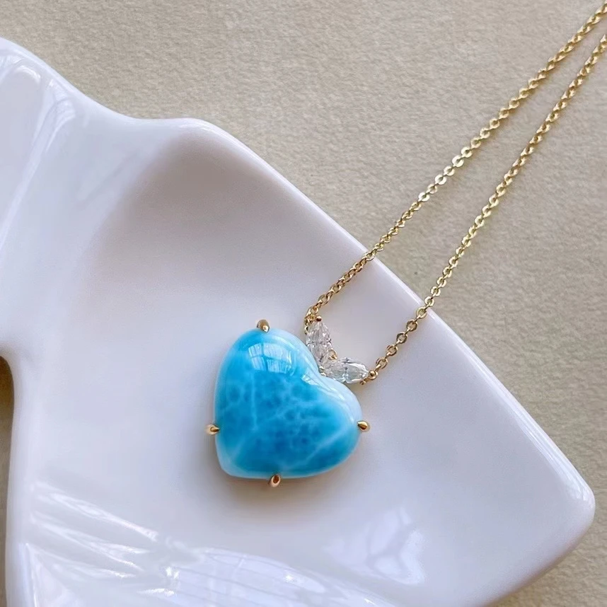 Natural Blue Larimar Rectangle Pendant Women Men 18K Gold Heart Larimar Big 14.6*16.5mm Necklace Fashion Jewelry Gemstone AAAAA