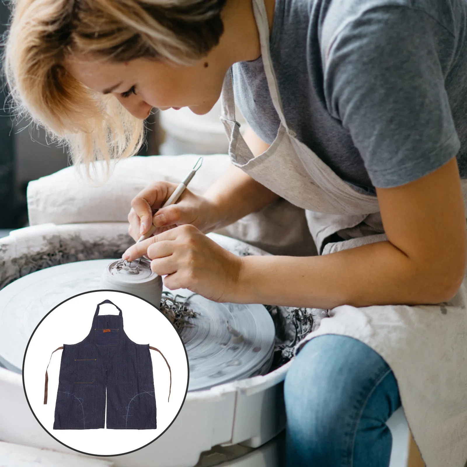 

Split Leg Denim Apron for Pottery and Ceramics Multiple Pockets Sleeveless Comfortable Breathable Apron for Painting Sculpting