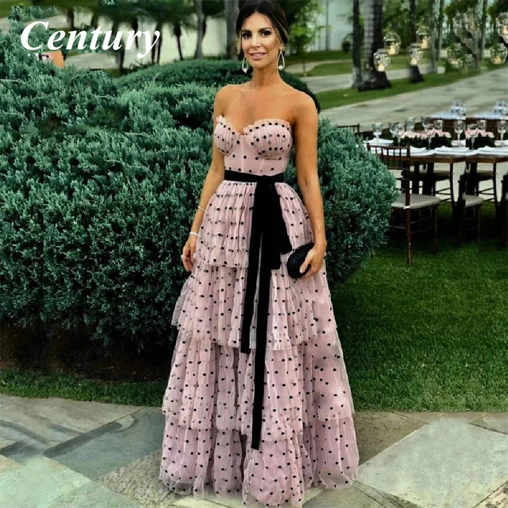 

Black Dots Tulle Evening Dress Modern Black Polka dot Dusty Pink Tiered Black Sash Customized Neck Prom Party Gown robe soiree