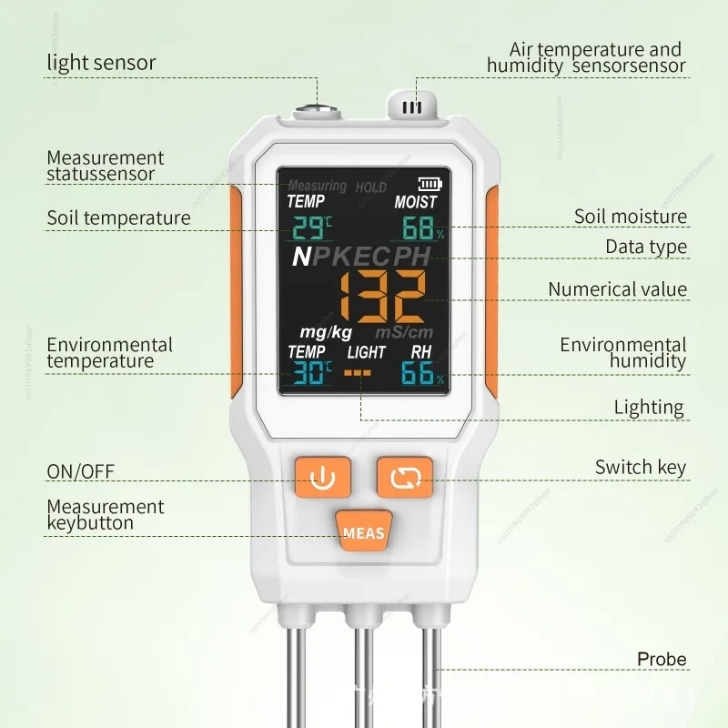 10 in 1 Soil Tester with Screen Display, PH Temp Humidity EC Fertility Light NPK Detector