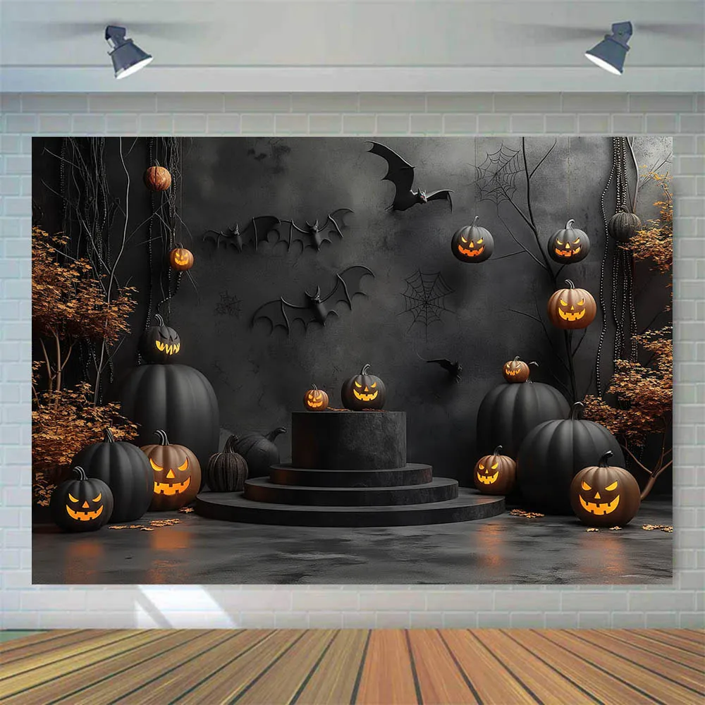 Mocsicka fondo de fotografía de Halloween, pared negra oscura, suelo, calabaza malvada, murciélago, Horror, decoración de fiesta, utilería de fondo de foto para niños