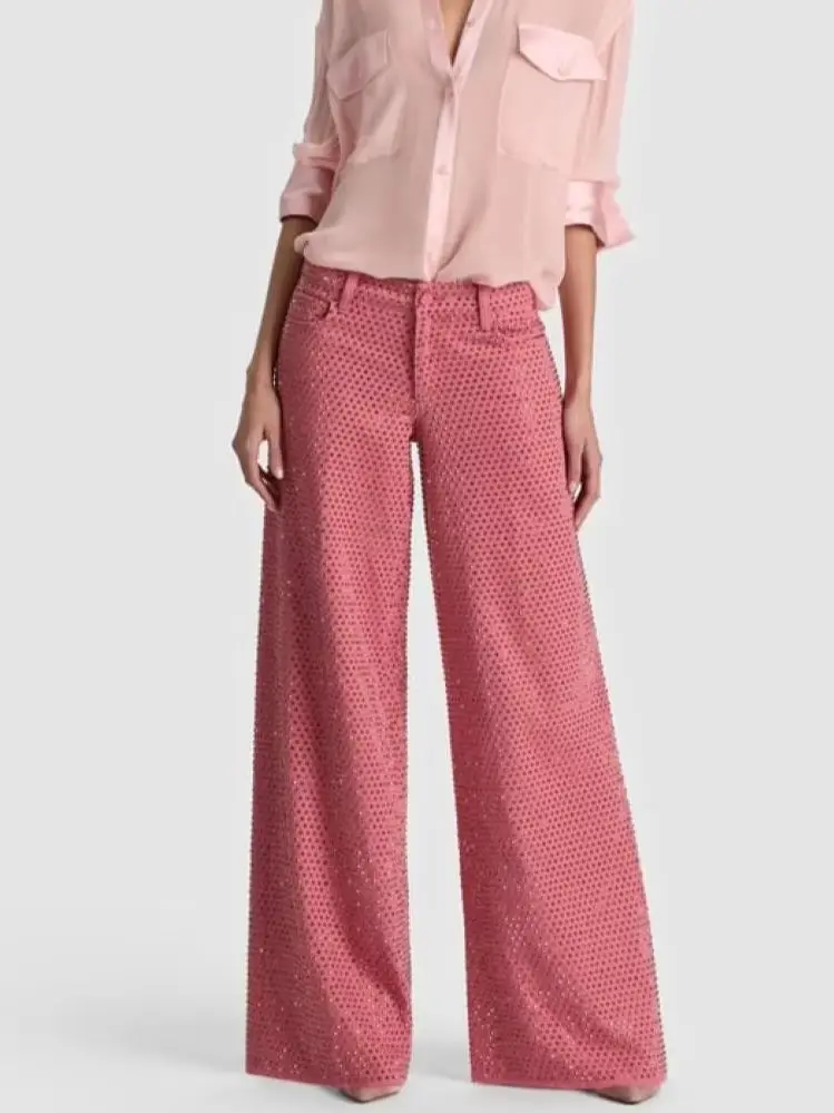 Ladies Rhinestone Fashion Long Pants High Waist Solid Color Loose Cotton Pink Trousers