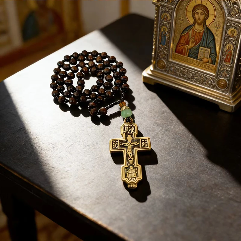 Orthodox Christian Chotki Dark Brown Wooden Prayer Beads With Bronze Crucifix And Green Jade Bead For Daily Prayer And Meditatio view 5