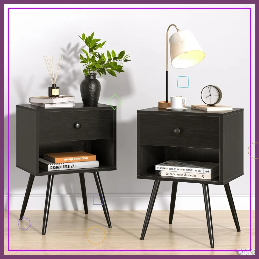 

Modern Nightstand Set of 2 with Storage Drawer & Open Shelf, Mid Century Bedside Table for Small Spaces, Black