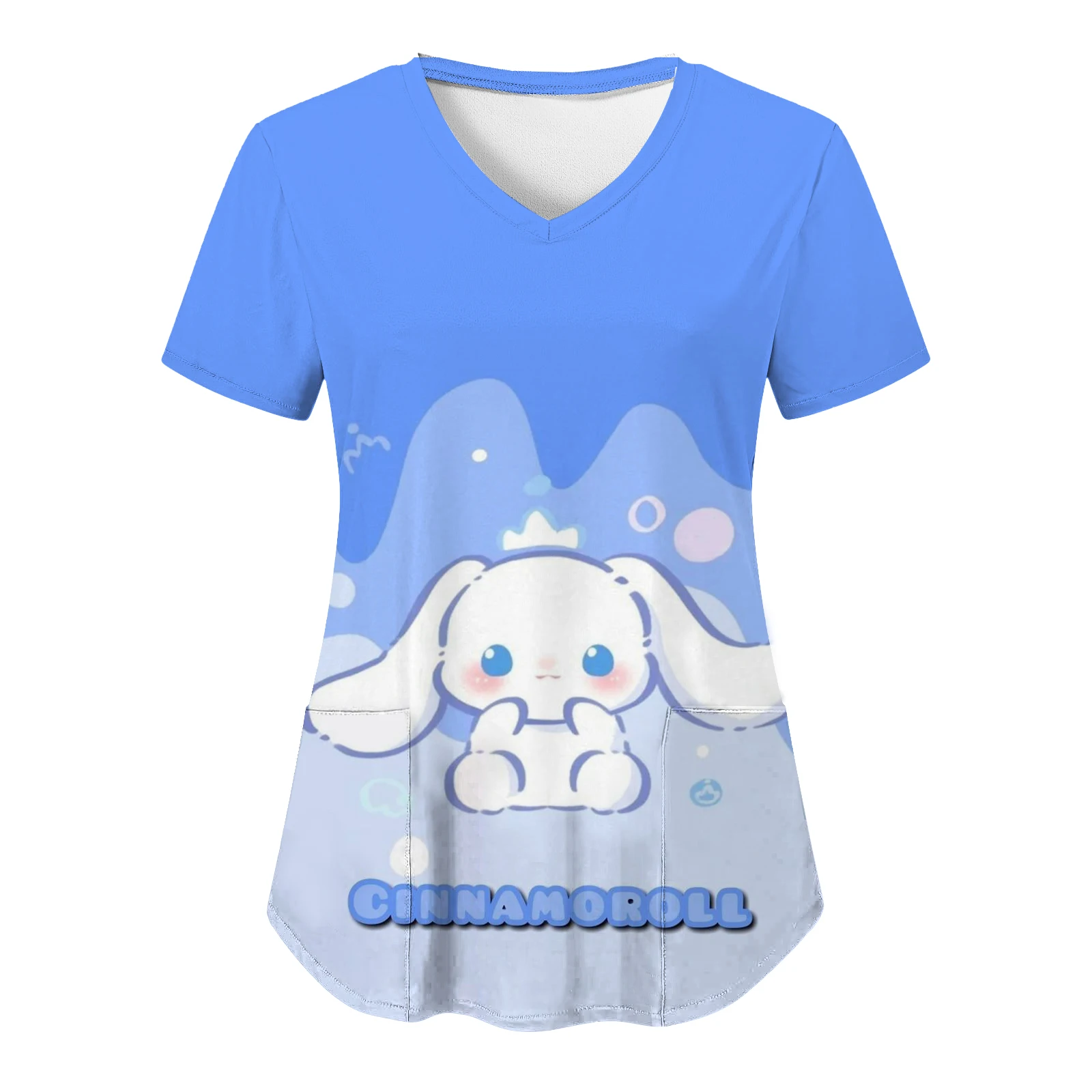 Kuromi Hello Kitty Sanrio Nurse Uniform New T-shirt HD Print Summer Y2k Cartoon Tops Woman 2024 Women T-shirts Pocket Top V Neck