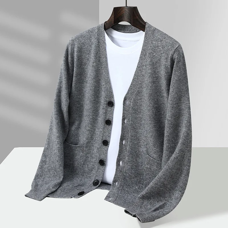 % Wool Cardigan Men'S Solid Color Button Sweater Business Casual Solid Color Long Sleeve Knitwear