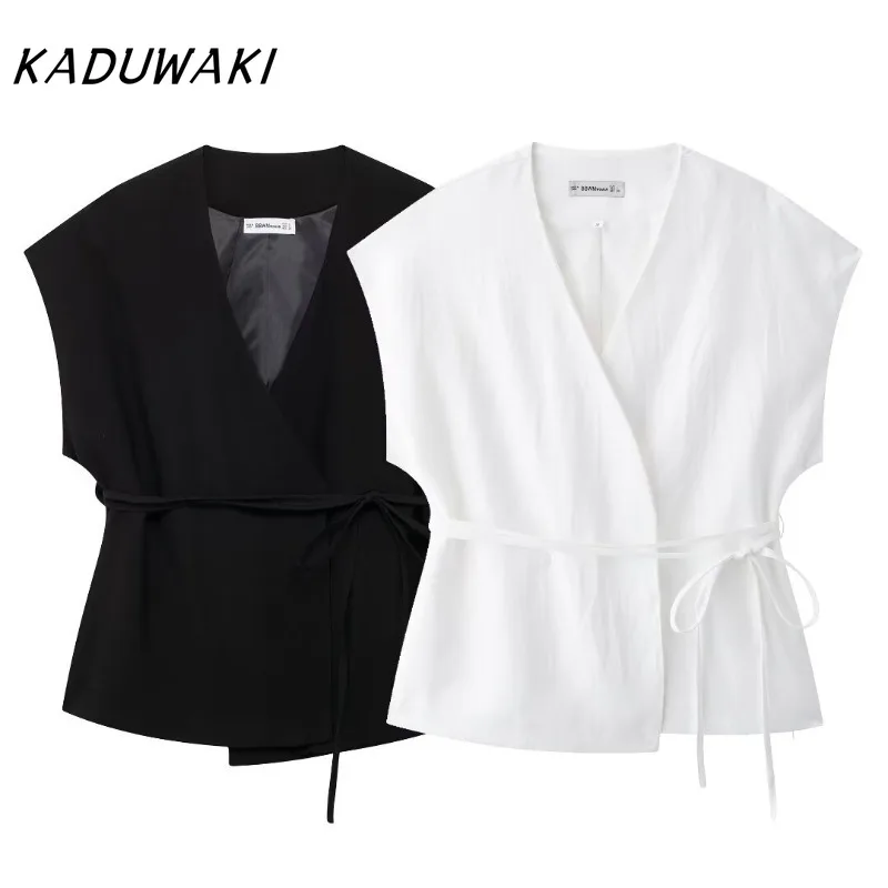 

KADUWAKI Waistcoat Vest Women French Fashion V Neck Lace Up Waist Tank Tops Simple Sleeveless Versatile Solid Camisas De Mujer
