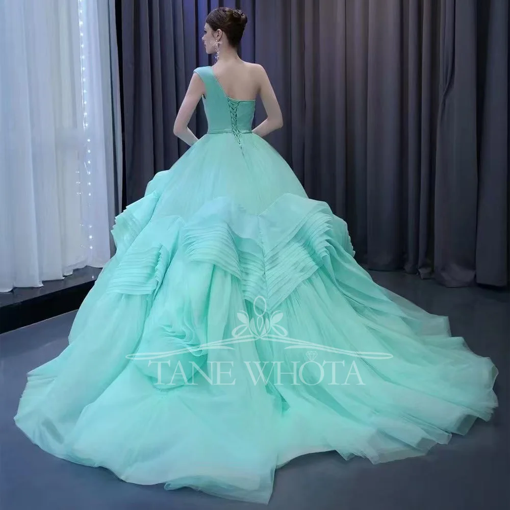 Abito da sera monospalla di lusso 2025 Abito blu con lacci sul retro increspato personalizzabile per occasioni speciali
