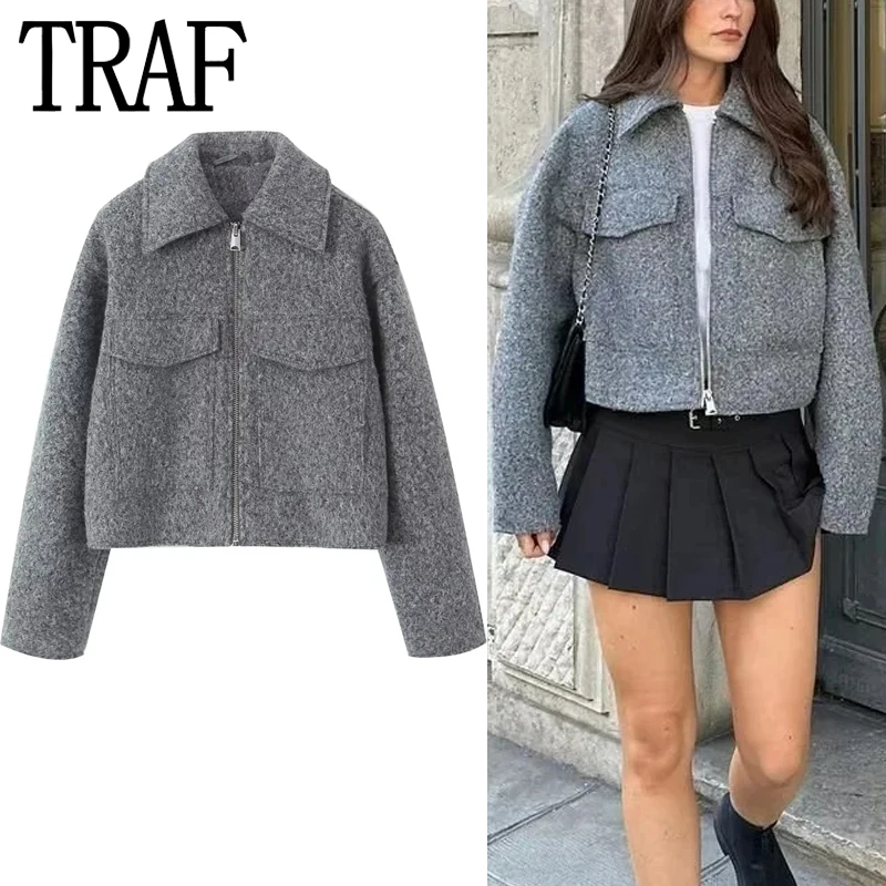 TRAF Zipper Cropped Jacket Women Grey Oversize Jacket Woman Long Sleeve Autumn Winter Bomber Jackets For Women 2023 Short Coats