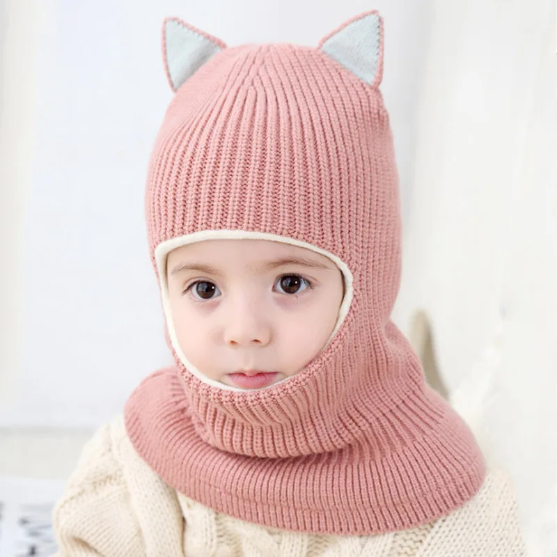 Kids Fox Ear Knit Balaclava - Winter Plush Integrated Hat & Scarf, Thickened Warm Mask for Babies Baby Hat