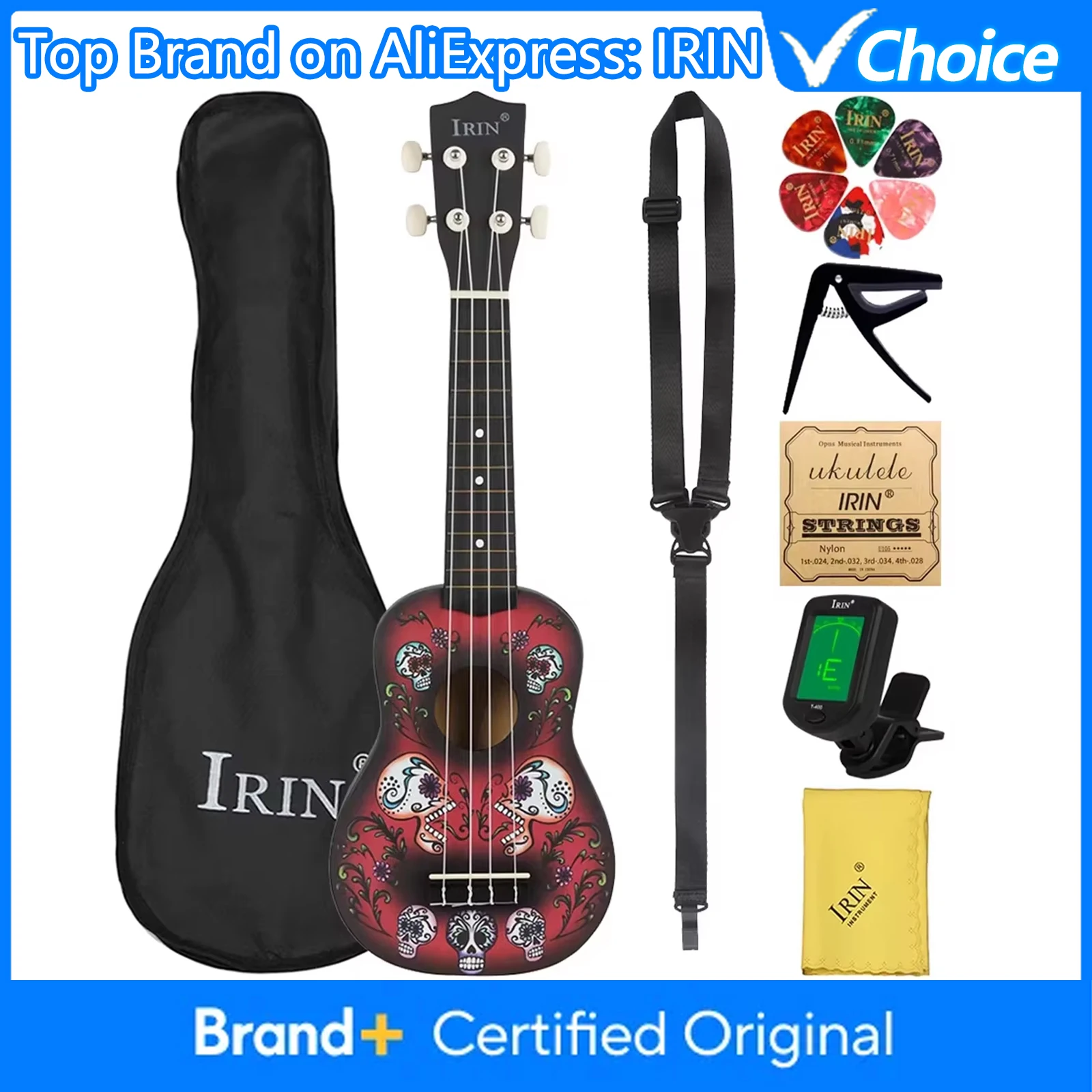 

IRIN 21 Inch Ukulele Hawaiian Guitar Musical Instrument 4 Strings Basswood Skull Ukulele Soprano Guitar Tuner Capo Accessories