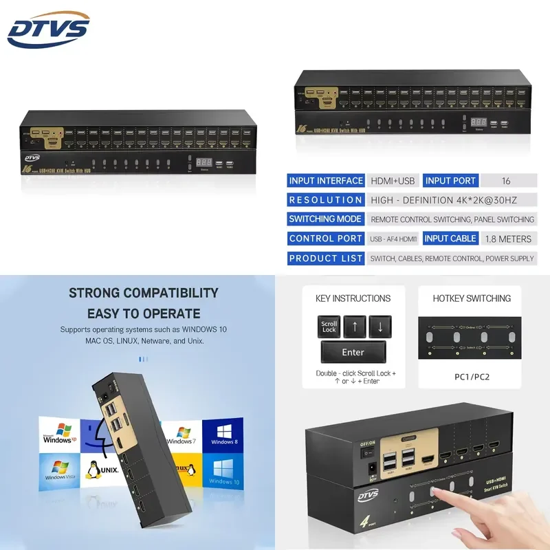 DTVS 16-Port Rack-Mount for +USB KVM Remote/Panel Switching 4k 30Hz Hub Function Switch for 16 Servers/PCs Stock
