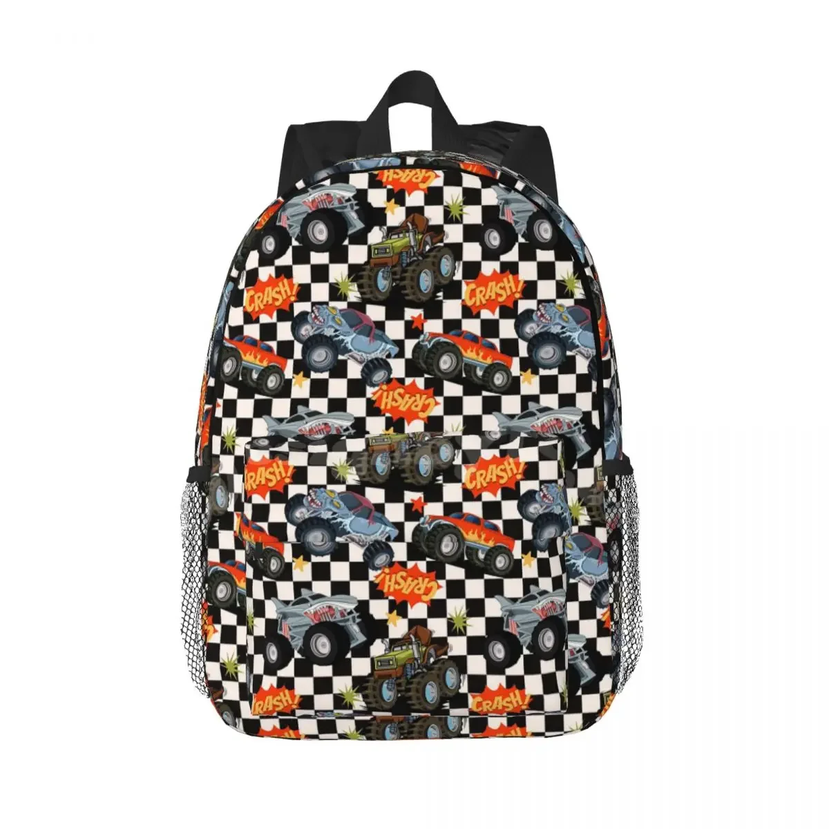 

Monster Truck Checkered Pattern Backpack Teenager Bookbag Cartoon Student School Bag Laptop Rucksack Shoulder Bag Large Capacity